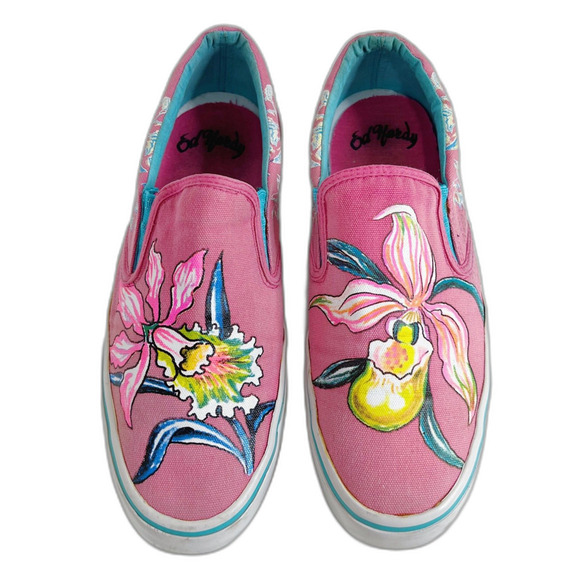 Ed Hardy Shoes - y2k Vintage Ed Hardy Pink Flower Orchid Painted Slip On Sneakers Size 10